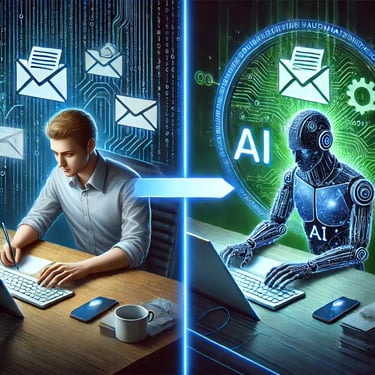 DALL·E 2025-03-01 00.01.22 - A side-by-side comparison of email creation before and after AI automation. On the left, a person manually writing an email, looking tired and frustra