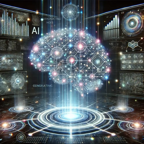 DALL·E 2025-03-17 16.50.37 - A futuristic representation of Generative AI_ A glowing digital brain with interconnected nodes and data streams, surrounded by holographic text and i